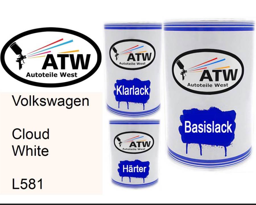 Volkswagen, Cloud White, L581: 500ml Lackdose + 500ml Klarlack + 250ml Härter - Set, von ATW Autoteile West.